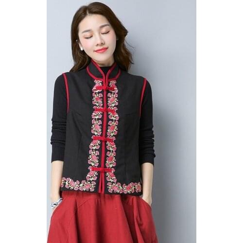 2020 Ethnic Style Vest Casual Plate Buttons Mandarin Collar Vest Coat Cotton Embroidery Waistcoat Sleeveless Outwear 11681