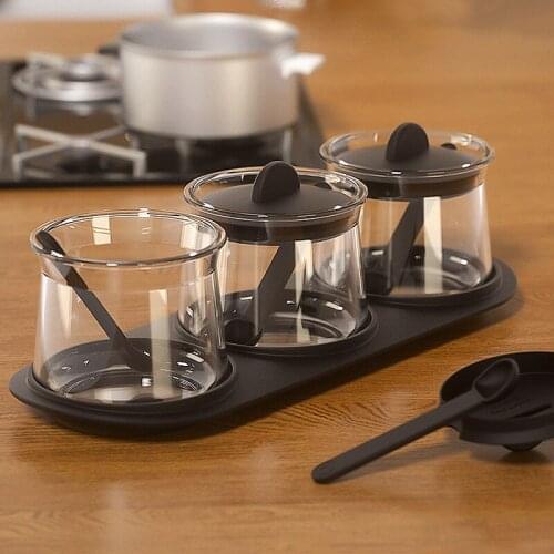 3Pcs Spice Glass Jars With Tray And Lids Household Glass Containers Salt Jar Kitchen Seasoning Bottle Home Storage