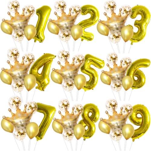 7pcs/set Large Gold Crown Foil Balloons Prince King Baby Shower Number 1st Birthday Coroa Party Balon Decorations Adult globos