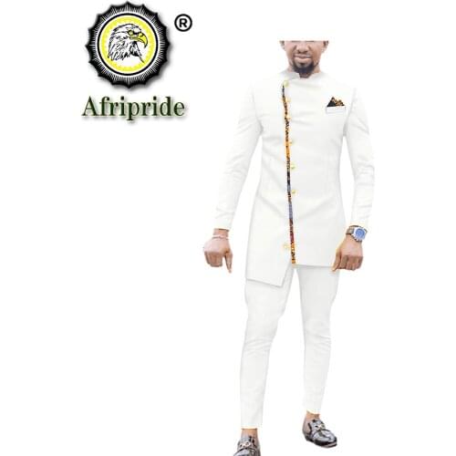 African Clothes for Men Dashiki Printed Coats and Pants 2 Piece Set Bazin Riche Match Print Kerchief for Wedding S2016040