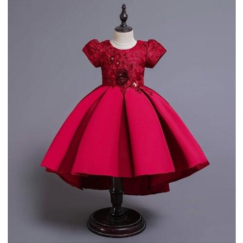 Satin Flower Applique Jujube New Year Princess Dress Girl Trailing Flying Sleeves Lace Tutu Party Dress Clothes Costume K2-1771