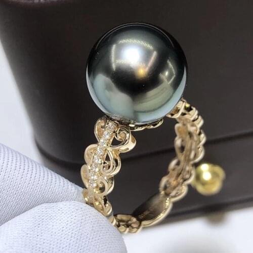 D419 Pearl Ring Fine Jewelry Solid 14K Gold Round 10-11mm Natural Ocean Sea Water Tahiti Black Pearls Rings for Women