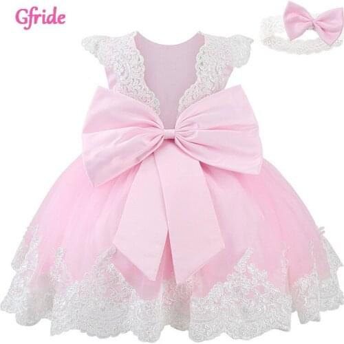 Pink Infant Baby Kids Clothing Big Bow Lace Baptism Dress Princess Girls 1st Year Birthday V Backless Party Wedding Clothing