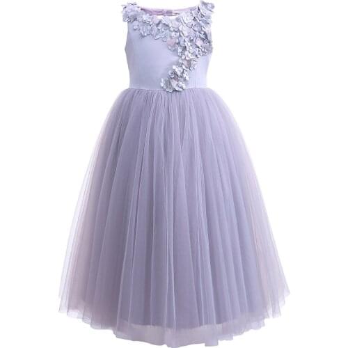 Children Girl Party Princess Dress 2021 Grey Fluffy Layered Tulle and Flower Elegant Size 4 5 6 7 8 9 10 11 12 Years Old