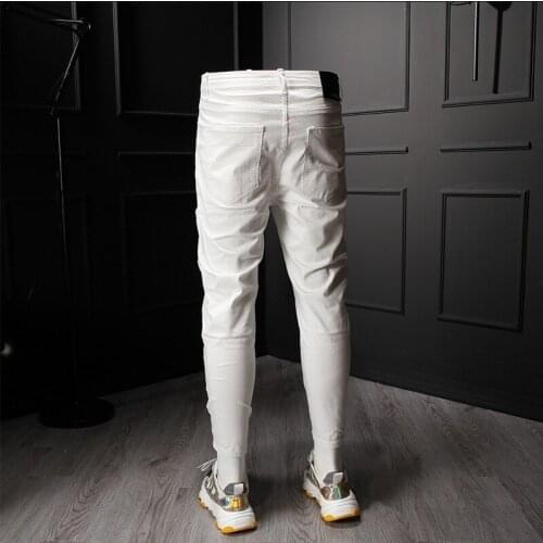 Street White Ankle-Length Jeans Men Hole Ripped Washed Pattern Denim Pencil Pants Male Fashion Summer New Biker Zipper Jeans