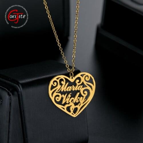 Goxijite Personalized Hollow Heart Name Necklace For Women Custom Stainless Steel Love Pattern Double Names Necklaces Best Gift