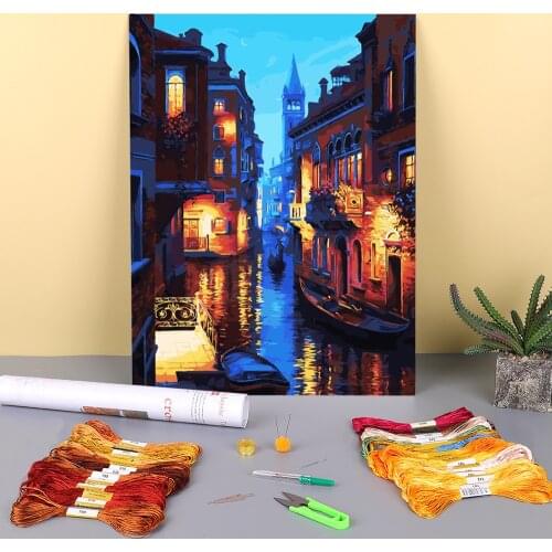 Landscape Printed Water-Soluble Canvas 11CT Cross-Stitch DIY Embroidery Complete Kit DMC Threads Craft Hobby Painting Gift
