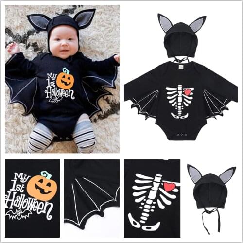 HOOYI Baby Boy Clothes Halloween Bat Bodysuits Skull Childrens Clothing Newborn Beanie Long Sleeve Black Tshirts
