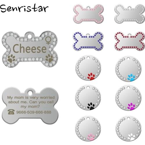 Personalized Dog ID Tag Custom Metal Engraved ID Name For Puppy Cat Dog Collar Diamond Bone Paw Pet Dog Collar Tags Accessories