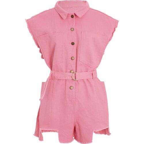 PERHAPS U Pink Green Denim Turn Down Collar Sleeveless Tank Playsuits Single-breasted Sash Loose Wide Leg Jumpsuit Summer J0097