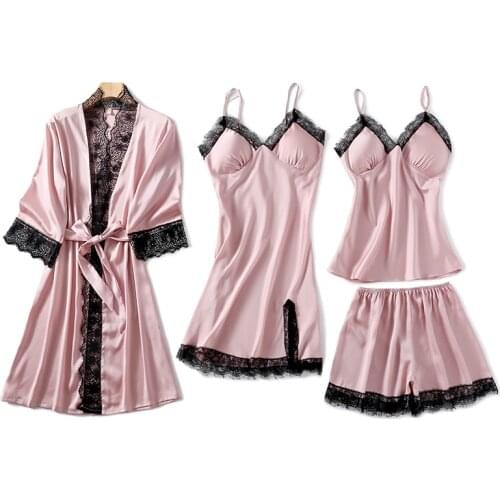 4PCS Sleep Set Sexy Women Lace Kimono Robe Gown Nightwear Satin Sleepwear Nightdress Intimate Lingerie Casual Negligee Bathrobe