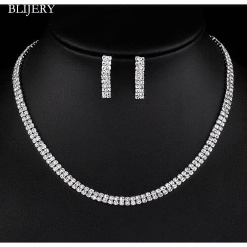 BLIJERY Simple Crystal Bridal Jewelry Sets Silver Color Choker Necklace Earrings Sets for Women Engagement Wedding Jewelry Sets