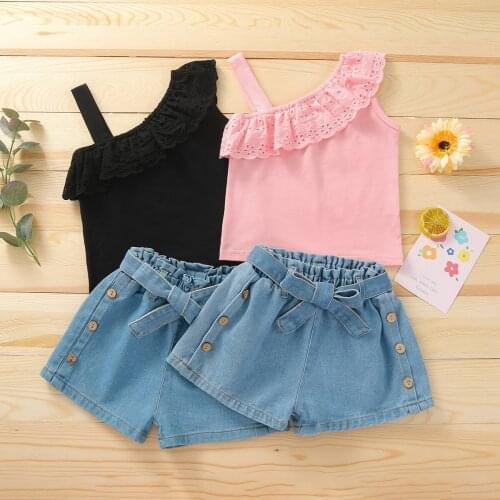 Toddler Baby Girls Summer 2Pcs Tracksuit Lace Flounce Sleeveless Vest + Elastic Waist Denim Shorts Children Infant Outwear