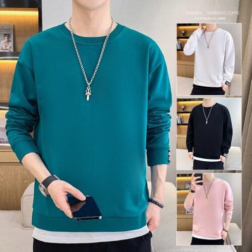 Mens Casual Sweatshirts Harajuku Solid Color 2021 New Fashion Male Fake Two Pieces O-Neck Sweatshirt Hoodies Hip Hop Streetwear