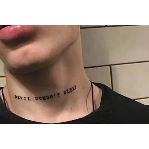 1PC Devil Dosn't Sleep Black Neck Fake Tattoo Stickers For Men Women Arm Body Art Waterproof English Words Temporary Tatto Decal
