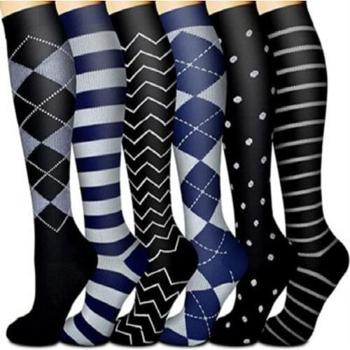 6Pairs Compression Socks for Men and Women 20-30mmHg Nursing Athletic Travel Flight Socks Shin Splints Knee High diamond Stripe