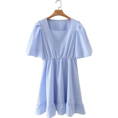 2021 Summer New Womens Clothing Euro American Street Fashion Small Blue Lattice Bubble Sleeve Dress DLQZ822