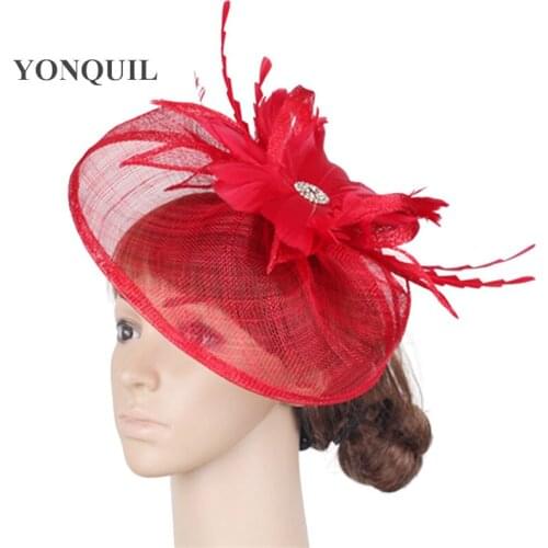 New Fashion Elegant Red Fascinator Wedding Hats Fancy Feather Flower Headdress Elegant Bridal Cocktail Race Hair Accessories