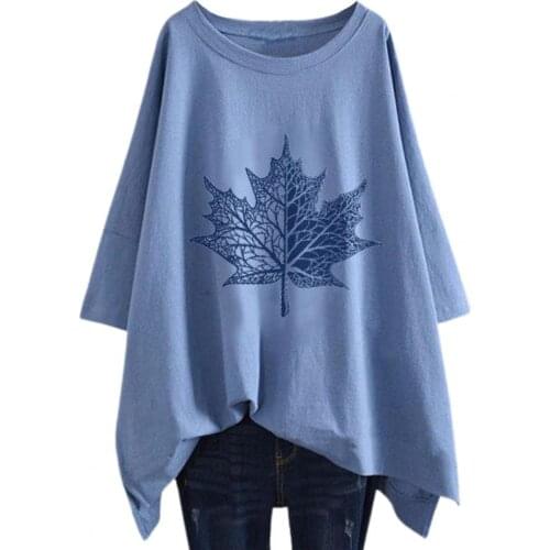 Casual Women T-shirt Short Sleeve Leaf Print O Neck Irregular Hem Mid-length Loose Tee Tops camisetas de mujer футболка женский