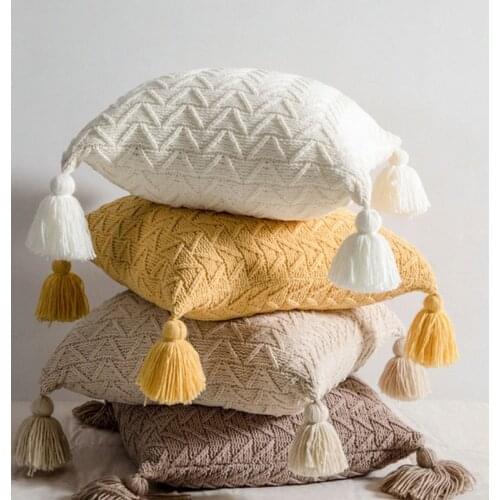 Crochet Knitted Throw Pillow Case with Tassels Triangle Striped Cushion Cover