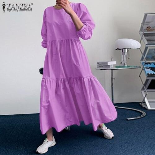 ZANZEA 2021 Autumn Sundress Elegant Women Long Sleeve Solid Maxi Dress Casual O Neck Loose Long Vestidos Oversized Robe Femme