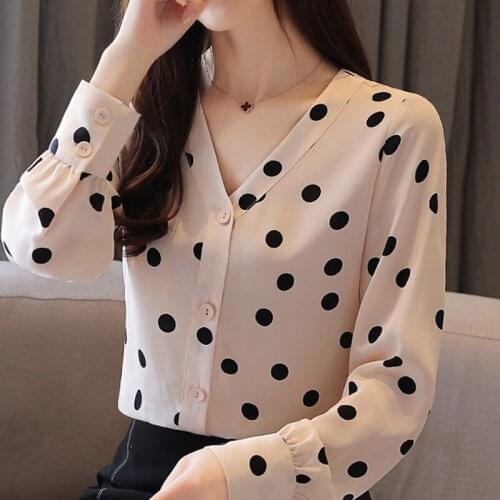 Long Sleeve Women Shirts Blouse Women Blusas Mujer De Moda 2021 V-neck Dot Chiffon Blouse Shirt Women Blouses Tops Blusas C136