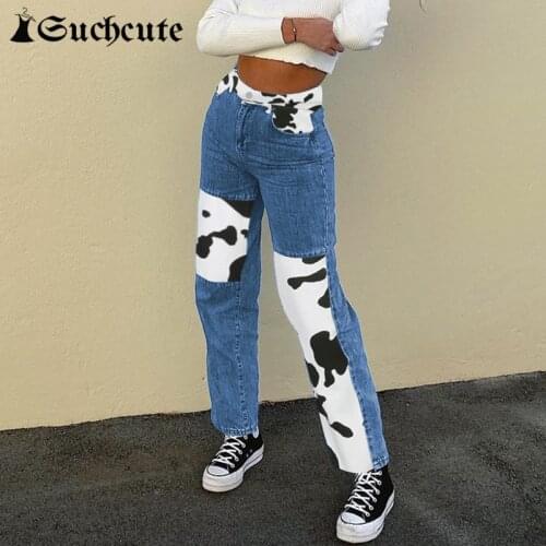 SUCHCUTE Cow Print Patchwork Womens Jeans Pants High Waist Female Straight Trousers Streetwear 90s Casual Outfits Pants