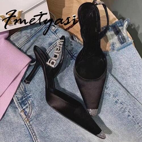 Stiletto Heels Women 2021 Pumps Spring Summer Sexy Silk Satin Pointed Toe Buckle Strap Rhinestone Crystal High Heels Cover