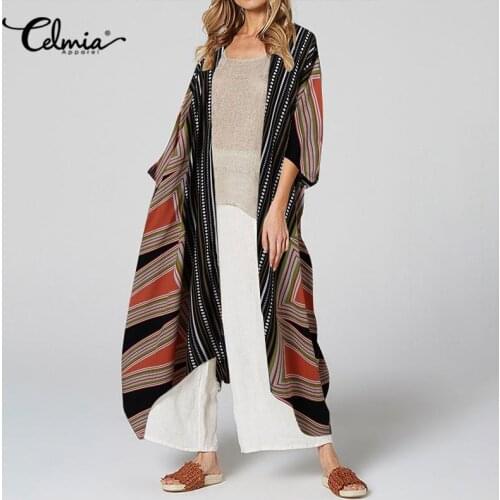 Celmia Women Vintage Blouses 2021 Kimono Cardigan Summer Geometric Print Long Sleeves Tops Belted Casual Cover Up Long Blusas