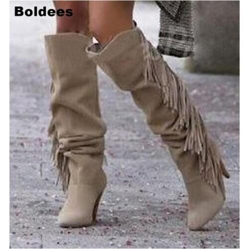 New beige suede leather knee high boots women long tassel thin high high heel shoes women dressing concise runway show boots