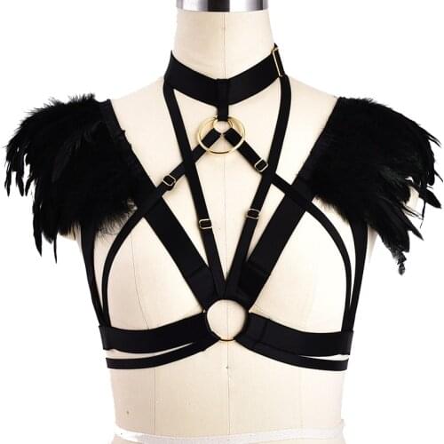 Women Body Sexy Black Feather Harness Adjust Shoulder Epaulettes Harness Cage Bra Lingerie Cosplay BurningMan Gothic Top Harness