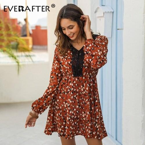 EVERAFTER Elegant floral print women mini dress v-neck high waist lace patchwork dress Spring summer holiday ladies dresses 2020