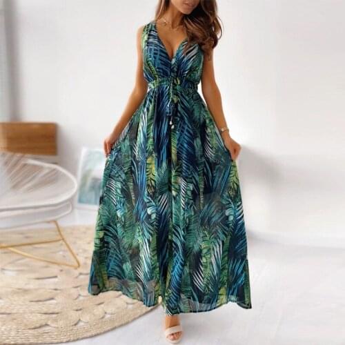Women Elegant Print V Neck Backless Boho Sleeveless Dress Summer Lady Sexy Casual Strap Beach Sundress Vintage Long Dress Femme