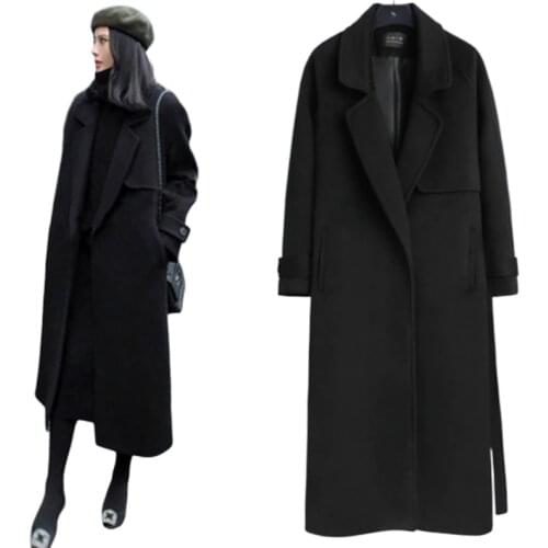 Women Woolen Coat Black Midi Long Section Listing Lady Long Sleeve Jacket Winter Parka Quilted Cotton Coats Outerwear Streetwear