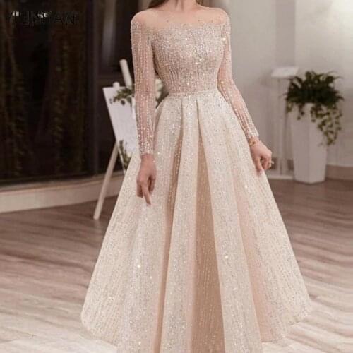 YILINHAN Beige Midi Evening Dress for Women Wedding Party Long Sleeve Illusion Neck Ankle Length Saudi Arabic Formal Gowns