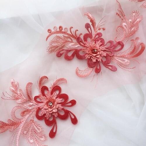 2 Sets 3D Floral Bridal Gown Lace Applique Embroidery Patches Trim Collar Red Sapphire Pink Black Gray