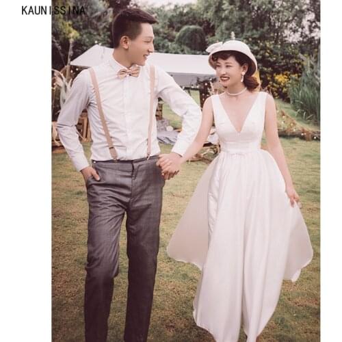 KAUNISSINA Simple White Satin Wedding Dress A-Line Deep V-Neck Backless Bridal Gown Custom Size Wedding Gowns Vestidos De Mariee