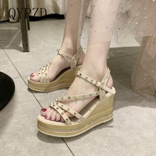 Summer Casual Glitter Wedge High Heel Sandals Bling Studded Sandals Open Toe Beige Heels Platform Rivets Sandals Women Shoes