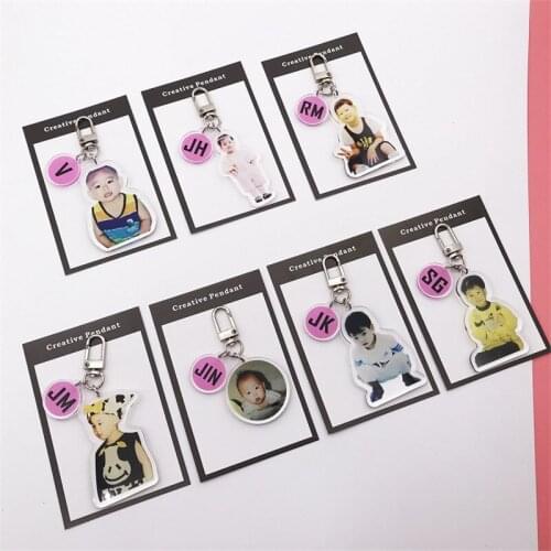 KPOP Bangtan Keychain Childhood Photos Crystal Key Pendant Album Ring Pendant Cartoon Bag Accessories Periphery