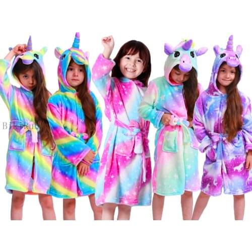 Unicorn Hooded Children Bathrobes Kids Lovely Cute Cartoon Bath Robe Animal For Boys Girls Pajamas Kids Flannel Robe