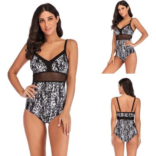 Womens Plus Size Swimwear One-Piece Swimsuit Monokini Retro Large Bathing Suit V neck Mesh Print Maillot De Bain Swim suits 5XL