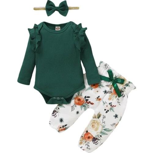 Long Sleeve Newborn Girl Outfits 9 Month Baby Girl Clothes Solid Green Ruffles Long Sleeve Romper Floral Print Pant Headband Set