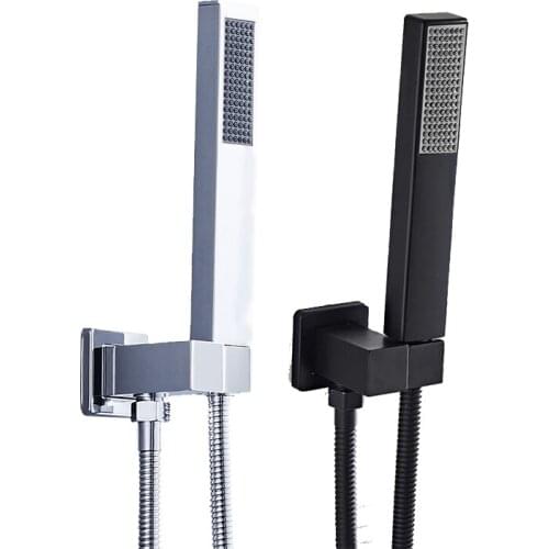 Brass Square Chrome Black Hand Held Shower Head With Wall Connector &1.5m Hose Set Water Saving Copper Handheld Sprayer