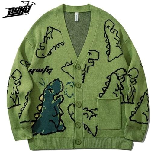Oversized Sweater Men Cartoon Dinosaur Print Streetwear Casual Knitted Pullover V-neck Male Vintage Sweaters Cotton 2021 Autumn