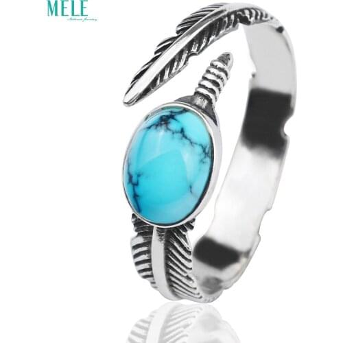 Natural Turquoise Ring 6*8mm 1ct Feather 925 Silver Retro Personality Fashion Classic Natural Sleeping Beauty Turquoise Ring