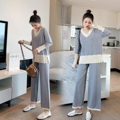 Autumn Winter Knitted Maternity Sweaters + Wide Leg Pants Clothing Sets Korean Fashion Loose Suits for Pregnant Women