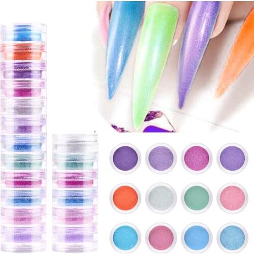 WAKEFULNESS Pearlescent Shimmer Nail Powder Set 12Colors Nail Glitter Powder Pigment Colorful Nail Art Decorations Powder Chrome