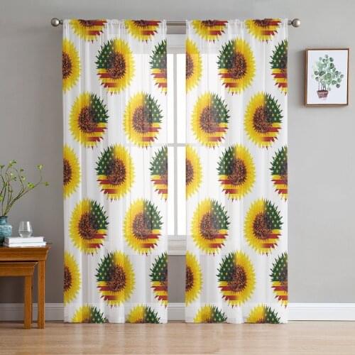 Retro Sunflower Stars White Background Voile Tulle Sheer Curtains for Bedroom Living Room Kitchen Decor Chiffon Windows Curtain