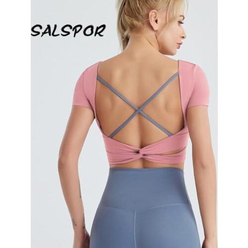 SALSPOR Sport T Shirts women Plus Size Sexy Backless Fitness Crop top Running Short Sleeve T-Shirt Quick Dry Appearl Cross Back
