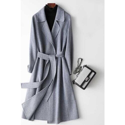 Woolen Coat With Belt Open Stitch Design Winter Warm Coat Casaco Feminino Women Cashmere Long Coat Elegant Turn Down Collar